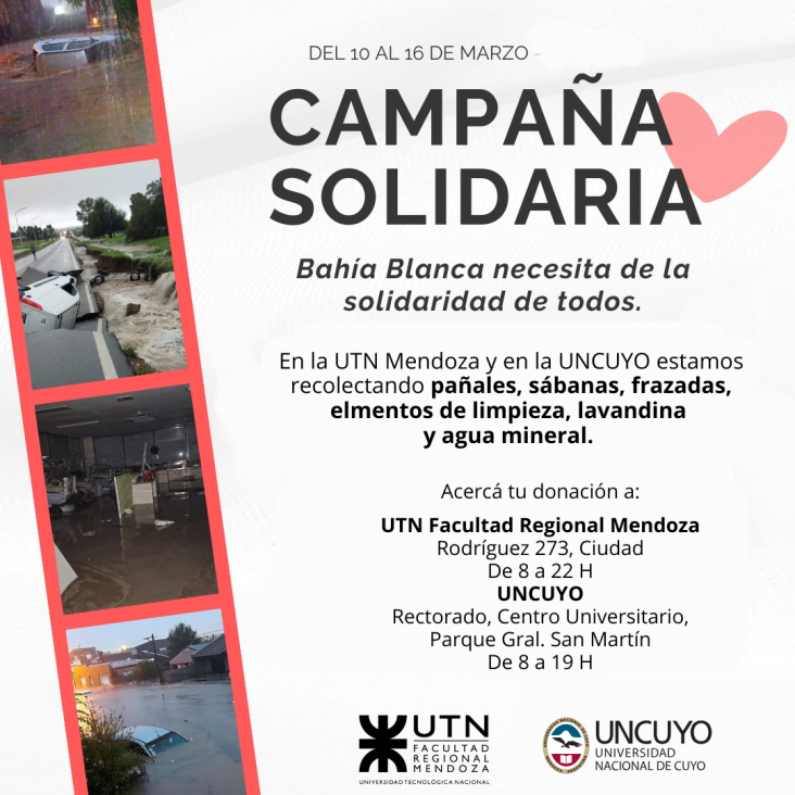 imagen Bahía Blanca: la UTN y la UNCuyo impulsan campaña solidaria