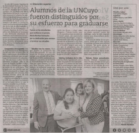 Diario El Sol | 4 de diciembre 2019 | Edición Papel | Alumnos de la UNCuyo fueron distinguidos por su esfuerzo para graduarse