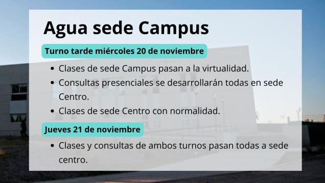 imagen Suministro de agua en la sede campus: actividades del miércoles 20 y jueves 21 de noviembre